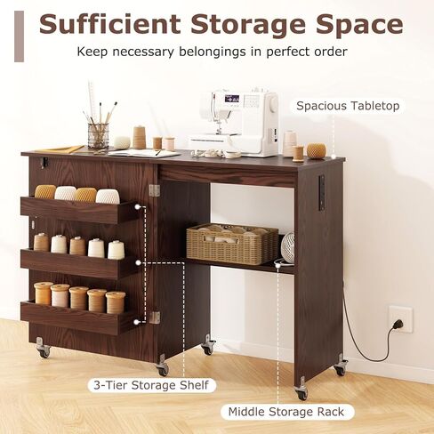COSTWAY Sewing Machine Table with Charging Station, Folding Sewing Cabinet w/Lockable Casters, 3-Tier Shelf, Middle Rack, Magnetic Door, Small Sewing Desk for Home Apartment, Studio (White & Natural) in Kuwait
