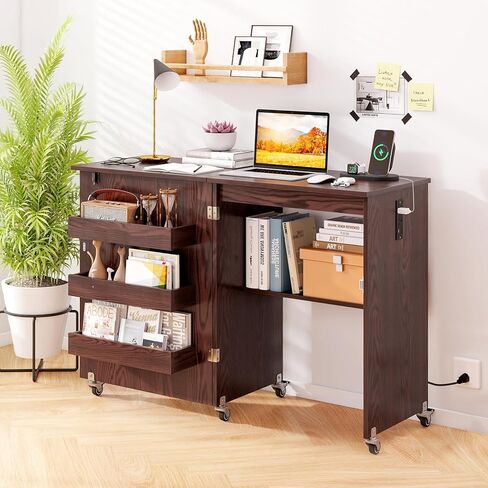 COSTWAY Sewing Machine Table with Charging Station, Folding Sewing Cabinet w/Lockable Casters, 3-Tier Shelf, Middle Rack, Magnetic Door, Small Sewing Desk for Home Apartment, Studio (White & Natural) in Kuwait