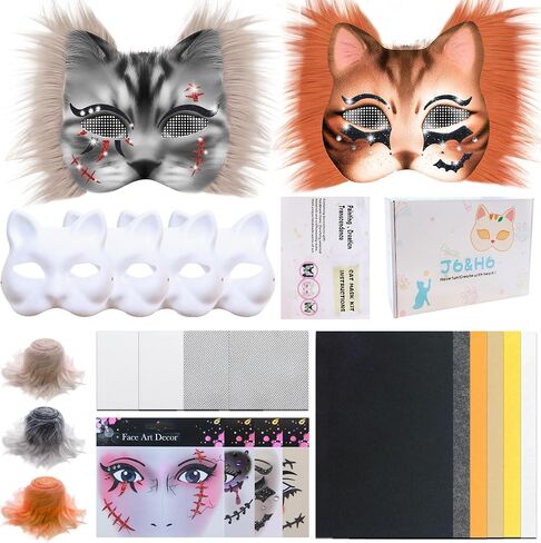 J6&H6 DIY Therian Mask Kit with exclusive ghost stickers, Blank Cat Mask,Fabric Sheet, Faux Fur and Eye Mesh Suitable for Halloween，ghost role-playing parties（Grey） in Kuwait