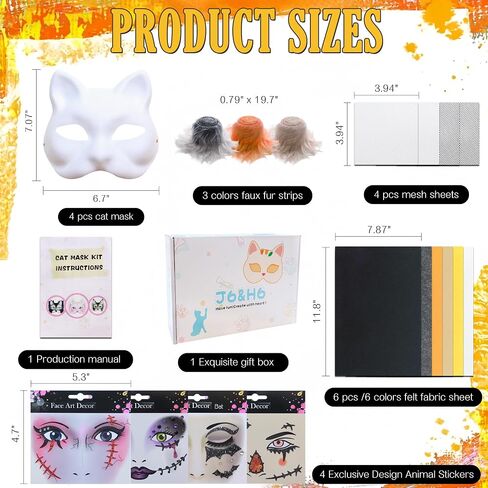 J6&H6 DIY Therian Mask Kit with exclusive ghost stickers, Blank Cat Mask,Fabric Sheet, Faux Fur and Eye Mesh Suitable for Halloween，ghost role-playing parties（Grey） in Kuwait