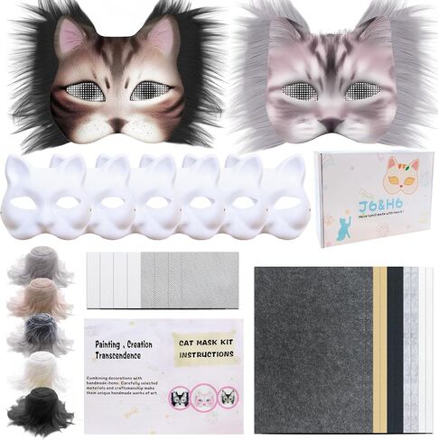 J6&H6 DIY Therian Mask Kit with exclusive ghost stickers, Blank Cat Mask,Fabric Sheet, Faux Fur and Eye Mesh Suitable for Halloween，ghost role-playing parties（Grey） in Kuwait