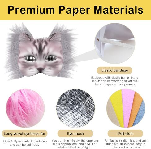 J6&H6 DIY Therian Mask Kit with exclusive ghost stickers, Blank Cat Mask,Fabric Sheet, Faux Fur and Eye Mesh Suitable for Halloween，ghost role-playing parties（Grey） in Kuwait