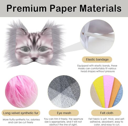 J6&H6 DIY Therian Mask Kit with exclusive ghost stickers, Blank Cat Mask,Fabric Sheet, Faux Fur and Eye Mesh Suitable for Halloween，ghost role-playing parties（Grey） in Kuwait