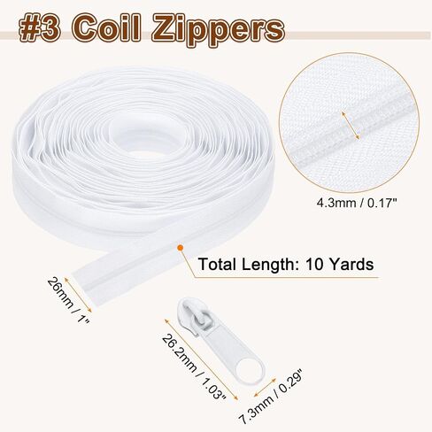 Harfington #3 st zippers ملف نايلون 10 ياردة 1 "أشرطة سحابات الخياطة مع 20 شريحة بديلة zip for diy خياطة خياطة الحرف لوازم حقيبة ، أبيض in Kuwait