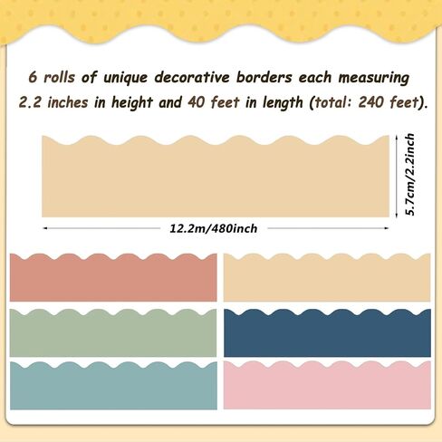 240Ft Boho Bulletin Board Borders Colorful Scalloped Bulletin Board Decorations Classroom Border Trim for Classroom School Home Office Chalkboard Whiteboard Cork Board Decor,6 Rolls in Saudi Arabia