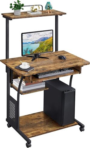 Yaheetech 3 Tiers Rolling Computer Desk with Keyboard Tray and Printer Shelf for Home Office, Mobile Computer Desk for Small Space, Retro Computer Table Compact PC Laptop Workstation, Rustic Brown in Kuwait