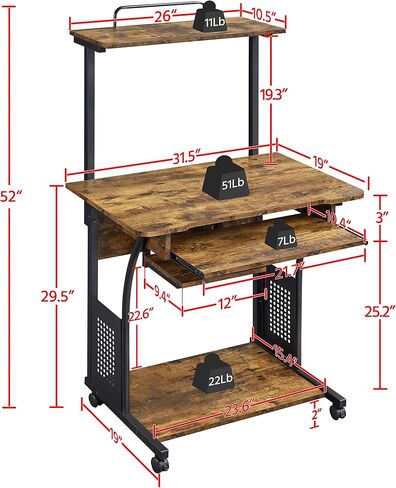Yaheetech 3 Tiers Rolling Computer Desk with Keyboard Tray and Printer Shelf for Home Office, Mobile Computer Desk for Small Space, Retro Computer Table Compact PC Laptop Workstation, Rustic Brown in Kuwait