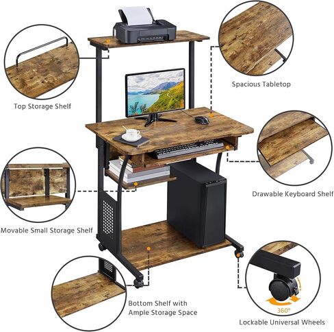 Yaheetech 3 Tiers Rolling Computer Desk with Keyboard Tray and Printer Shelf for Home Office, Mobile Computer Desk for Small Space, Retro Computer Table Compact PC Laptop Workstation, Rustic Brown in Kuwait