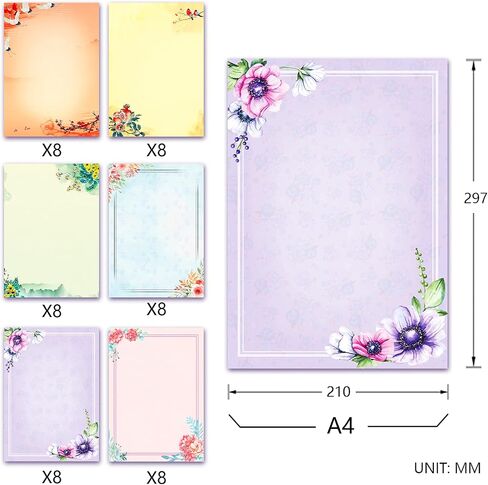 A4 Vintage Floral Stationery Paper (Lined) 48 Pieces and Self-Sealing Envelopes 24 PC Set, 100GSM Heavy Weight College Ruled Letter Writing Stationary, Printer Friendly, Color Both Sides, Watercolor in Saudi Arabia