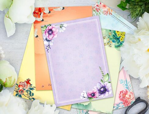 A4 Vintage Floral Stationery Paper (Lined) 48 Pieces and Self-Sealing Envelopes 24 PC Set, 100GSM Heavy Weight College Ruled Letter Writing Stationary, Printer Friendly, Color Both Sides, Watercolor in Saudi Arabia