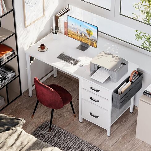 Casaottima 40 بوصة مكتب كمبيوتر صغير للمكتب المنزلي لغرفة النوم مع أدراج النسيج وخزانة الملفات ، حقيبة تخزين القماش وخطاف ، كتابة مكتب عمل الدراسة لمساحة صغيرة ، ثلج أبيض in Kuwait