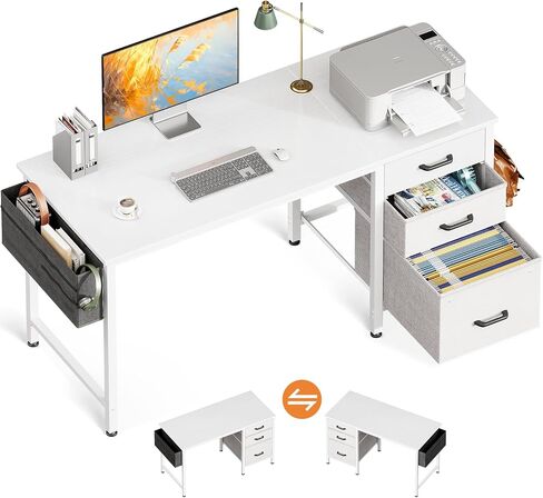 Casaottima 40 Inch Small Home Office Computer Desk for Bedroom with Fabric Drawers & File Cabinet, Cloth Storage Bag and Hook, Writing Study Work Desk for Small Space, Snow White in Kuwait