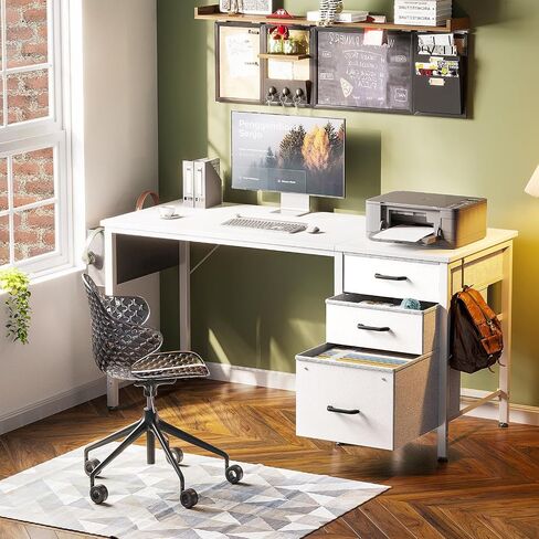 Casaottima 40 Inch Small Home Office Computer Desk for Bedroom with Fabric Drawers & File Cabinet, Cloth Storage Bag and Hook, Writing Study Work Desk for Small Space, Snow White in Kuwait