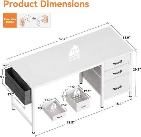 Casaottima 40 Inch Small Home Office Computer Desk for Bedroom with Fabric Drawers & File Cabinet, Cloth Storage Bag and Hook, Writing Study Work Desk for Small Space, Snow White in Kuwait