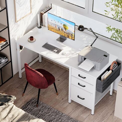 Casaottima 40 Inch Small Home Office Computer Desk for Bedroom with Fabric Drawers & File Cabinet, Cloth Storage Bag and Hook, Writing Study Work Desk for Small Space, Snow White in Kuwait