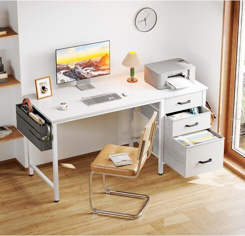 Casaottima 40 Inch Small Home Office Computer Desk for Bedroom with Fabric Drawers & File Cabinet, Cloth Storage Bag and Hook, Writing Study Work Desk for Small Space, Snow White in Kuwait