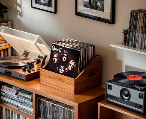 Wood Vinyl Record Storage, Retro & Durable Vinyl Crate and Record Holder, Album Storage Record Case Box for 60+ Records, Perfect Record Organizer for Home Decor and Collection Display(Brown) in Saudi Arabia