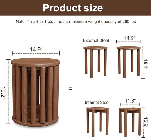 Stackable Stools Set of 4,4-in-1 Wood Stool,Round Wooden Stools with Anti-Slip Foot Pads for Kitchen,Bedroom,Living Room,Bar,No Assembly Required Durable and Space-Saving Design,18 inch (Walnut) in Kuwait