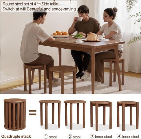 Stackable Stools Set of 4,4-in-1 Wood Stool,Round Wooden Stools with Anti-Slip Foot Pads for Kitchen,Bedroom,Living Room,Bar,No Assembly Required Durable and Space-Saving Design,18 inch (Walnut) in Kuwait