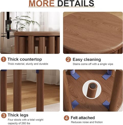 Stackable Stools Set of 4,4-in-1 Wood Stool,Round Wooden Stools with Anti-Slip Foot Pads for Kitchen,Bedroom,Living Room,Bar,No Assembly Required Durable and Space-Saving Design,18 inch (Walnut) in Kuwait