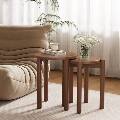 Stackable Stools Set of 4,4-in-1 Wood Stool,Round Wooden Stools with Anti-Slip Foot Pads for Kitchen,Bedroom,Living Room,Bar,No Assembly Required Durable and Space-Saving Design,18 inch (Walnut) in Kuwait