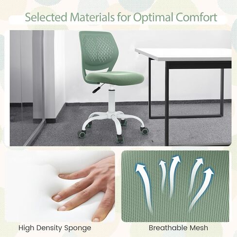 POWERSTONE Small Home Office Desk Chair, Swivel Rolling Study Computer Chair, Adjustable Height Task Chair with Armless Mid Back, Upholstered Mesh Seat, Light Green in Saudi Arabia