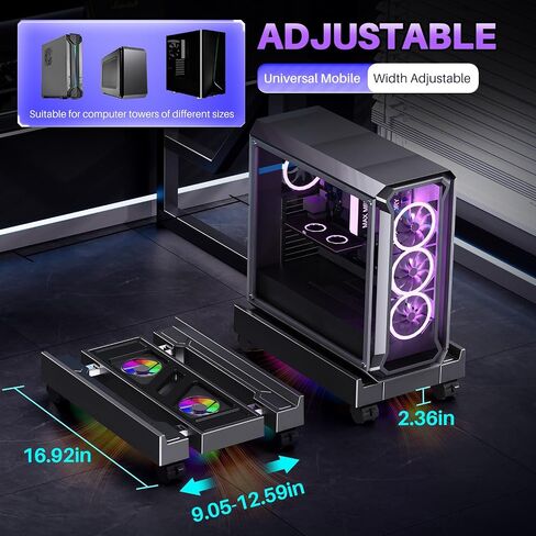 Adjustable Computer Tower Stand with Cooler Fan and Light, PC Stand for Floor, Mobile CPU Holder with 4 Caster Wheels Fits Most PC Tower, Under Desk CPU Holder for Office,Gamers and Students in Kuwait