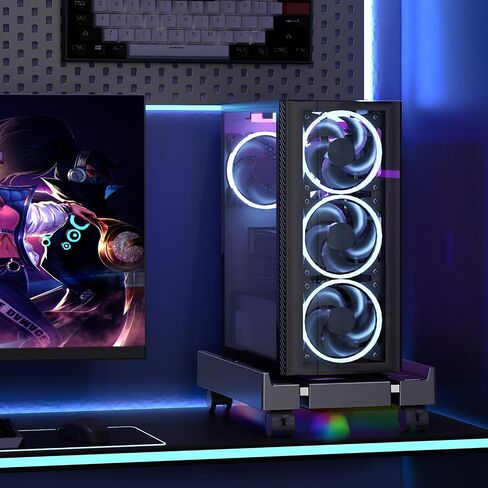 Adjustable Computer Tower Stand with Cooler Fan and Light, PC Stand for Floor, Mobile CPU Holder with 4 Caster Wheels Fits Most PC Tower, Under Desk CPU Holder for Office,Gamers and Students in Kuwait