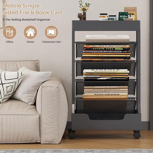 UMDONX Modern Mobile Book Cart Single-Sided Rolling Bookshelf with Metal Top & Base, Premium Snap-in Shelves, Heavy Duty & Elegant Storage for Home Study, Office, Classroom Black in Saudi Arabia