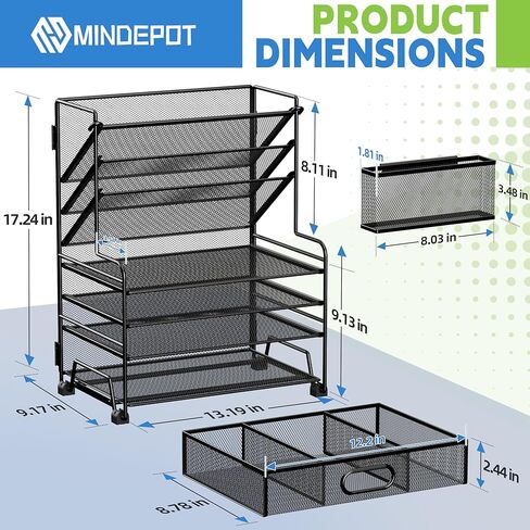 منظم ورق من 4 مستويات + حامل ملفات 3 جيب + درج + حاملي القلم ، منظمات ملفات سطح المكتب صينية ورقية للوازم المكتبي منظمة الفصول الدراسية (أسود ، بدون درج وقلم). in Kuwait