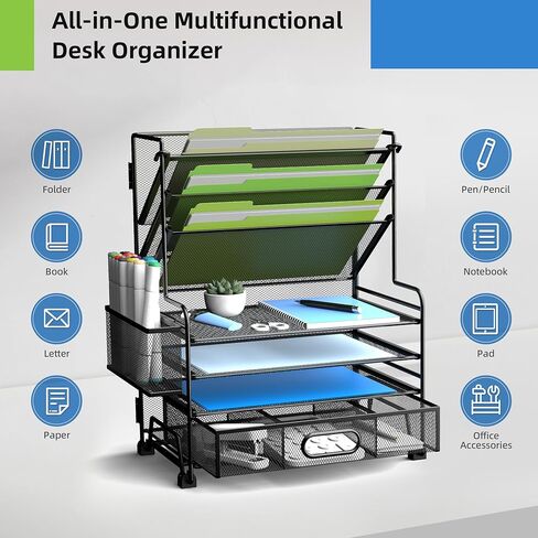 منظم ورق من 4 مستويات + حامل ملفات 3 جيب + درج + حاملي القلم ، منظمات ملفات سطح المكتب صينية ورقية للوازم المكتبي منظمة الفصول الدراسية (أسود ، بدون درج وقلم). in Kuwait