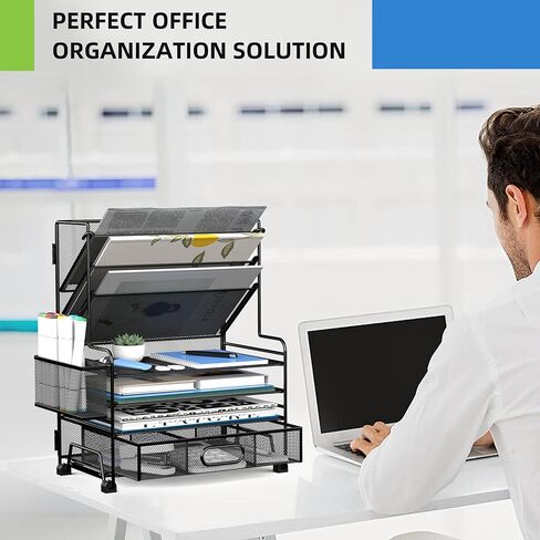 منظم ورق من 4 مستويات + حامل ملفات 3 جيب + درج + حاملي القلم ، منظمات ملفات سطح المكتب صينية ورقية للوازم المكتبي منظمة الفصول الدراسية (أسود ، بدون درج وقلم). in Kuwait