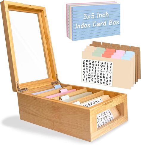 مجموعة بطاقة Bamboo Index Card - حامل بطاقة فهرس 3 × 5 مع فواصل وبطاقات موراندي - صندوق وصفة خشبية مع غطاء (يحمل 1200 بطاقة) in Kuwait
