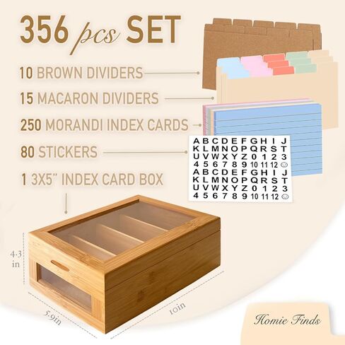 مجموعة بطاقة Bamboo Index Card - حامل بطاقة فهرس 3 × 5 مع فواصل وبطاقات موراندي - صندوق وصفة خشبية مع غطاء (يحمل 1200 بطاقة) in Kuwait