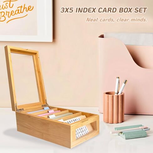 مجموعة بطاقة Bamboo Index Card - حامل بطاقة فهرس 3 × 5 مع فواصل وبطاقات موراندي - صندوق وصفة خشبية مع غطاء (يحمل 1200 بطاقة) in Kuwait