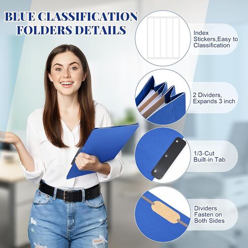 Henoyso 12 Pcs Classification Folders with Prongs, 2 Dividers, 1/3-cut Flat Tab, 3 Inch Expansion, 60 Stickers, Letter Size Blue File Folder with Fasteners for Medical Law Files Office Reports in Saudi Arabia