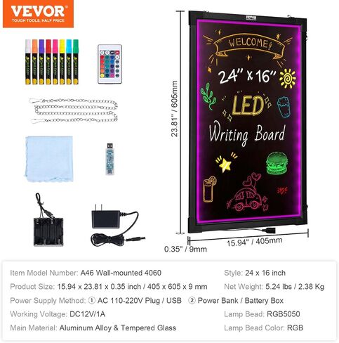 لوحة كتابة الرسائل LED Vevor ، 24 "x16" من الطباشير المضاءة المضيئة ، لوحة علامة قائمة تأثير النيون ، لوحة الرسم مع 8 علامات الطباشير الفلورية والتحكم عن بعد ، لمتجر الزفاف المنزل in Saudi Arabia
