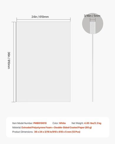VEVOR Foam Board, 12 Pack 24 x 36 Inch, 3/16 Inch Thickness White Poster Board, Acid-Free Double Sided Foam Core Sheets for Mounting, Crafts, Paintings Prints, Art, Display, Presentation and Projects in Saudi Arabia