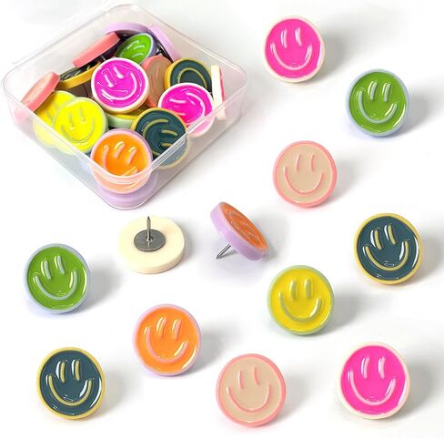 24 Smiley Face Decorative Push Pins, Cute Bulletin Board Push Pins, Thumbtacks for Cork Boards, Office Organization, or Home Décor (24-Colourful) in Kuwait