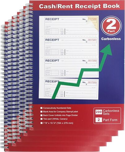 دفتر إيصال الأموال والإيجار 2 جزء من الكربون 7-5/8 "× 11" دوامة ملزمة 200 مجموعة لكل كتاب 4 إيصالات لكل صفحة (1Pack) in Kuwait