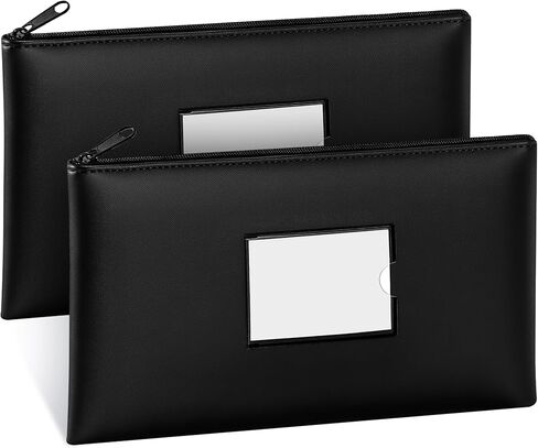 SMARTAKE Money Bags with Zipper, 2-Pack Bank Bags with Label, Waterproof Leather Money Pouches, for Cash Coin Bill Invoice Deposit Receipt Storage and Organize, 11.5 x 6.2 Inches (Black) in Kuwait