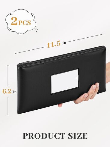 SMARTAKE Money Bags with Zipper, 2-Pack Bank Bags with Label, Waterproof Leather Money Pouches, for Cash Coin Bill Invoice Deposit Receipt Storage and Organize, 11.5 x 6.2 Inches (Black) in Kuwait