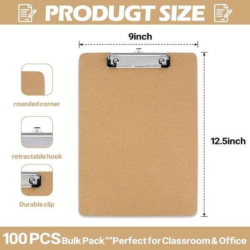 100PCS Hardboard Office Clipboards A4 Letter Size (9x12.5) with Low Profile Wood Clips Bulk Sturdy Office School Hospital Supplies Durable and Professional for Daily Use(100) in Saudi Arabia