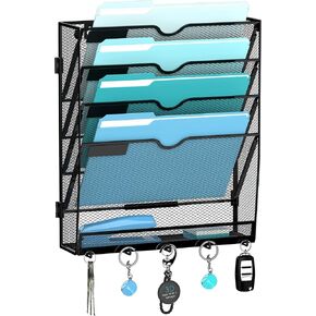 منظم ملفات الحائط مع 5 خطافات 5 منظم الملفات المعلقة ، منظم البريد العمودي لجدار الجدار للأوراق ، المجلدات ، المجلات ، الفواتير ، المنظمة المكتبية والمدرسة ، الأسود in Kuwait