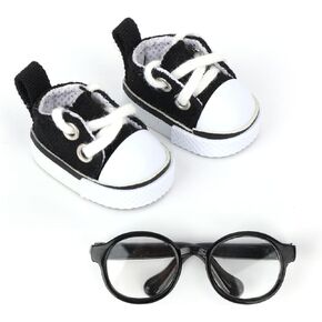 2pcs أحذية ونظارات 2pcs 17cm ، والأزياء المصغرة من اللبن الدانتيل أحذية رياضية غير رسمية ونظارات ، ملحقات زي دمية لطيفة (أسود) in Kuwait