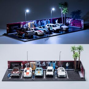 1/64 Diorama Garage, Garage and Display Case for Model Car, Scenic Diorama Display Car Park with 2 LED Street Lamps and 5 Outdoor Parking Spaces (American-Style Garage) in Saudi Arabia