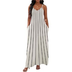 فساتين نسائية طويلة برقبة على شكل حرف V وحمالات سباغيتي قابلة للتعديل، فستان بدون أكمام مقاس كبير مع جيوب in Kuwait