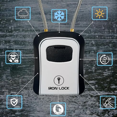 Iron Lock® - صندوق قفل المفاتيح قابل للنقل مع كابل قابل للإزالة، داخلي وخارجي، مقاوم للماء، مجموعة مكونة من 4 أرقام مع رمز قابل لإعادة الضبط مع صندوق قفل مفتاح A B للمفاتيح الاحتياطية الخارجية للوسطاء العقاريين in Kuwait
