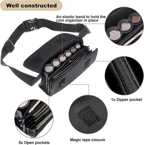 US Coin Holder Coin Dispenser, Fanny Pack with Banknote Waiters Purse Coin Sorter Coin Organizer, Black Coin Storage Bag with Belt for Waitress Server Collector Cashier Change in Kuwait