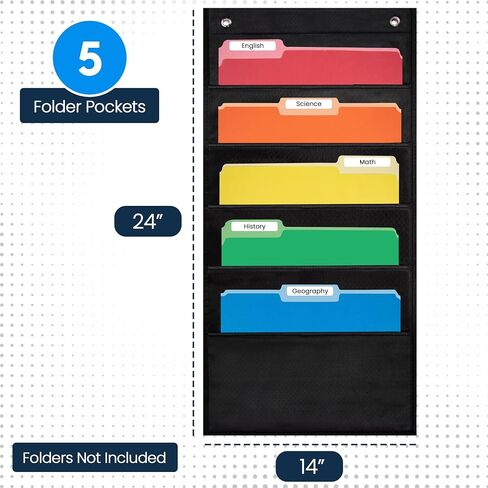 Essex Wares - 5 Pocket File Pocket Chart, Black, 14" Wide x 24" Tall - Versatile Wall Hanging File Folder Organizer for Classroom, Office, Home, and More - Wall Folder Organizer - 5 Pockets in Saudi Arabia